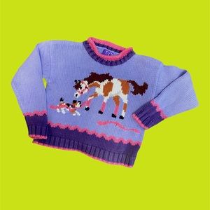 Vintage 90s Horse Dog Graphic Storybook Sweater Girls Size Small Purple Pink Fun